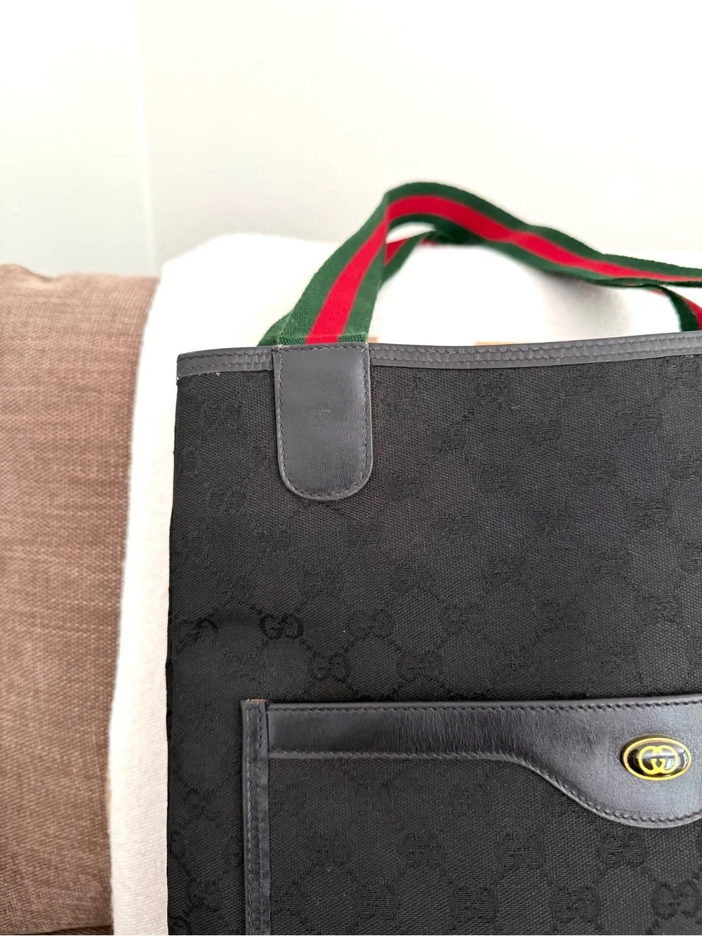 Gucci authentic black monogram canvas tote bag red green ribbon handles